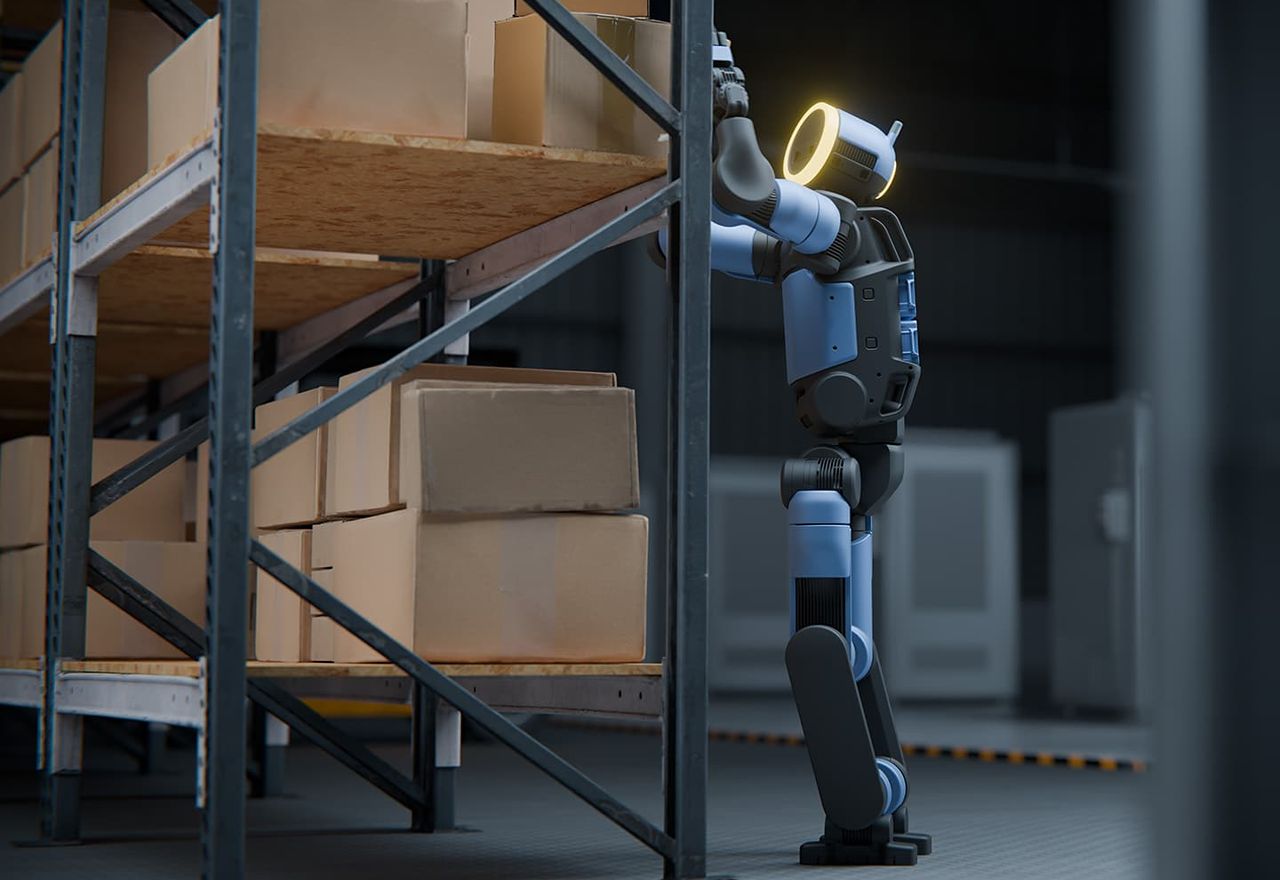 Atlas reaching into racking in a warehouse aisle