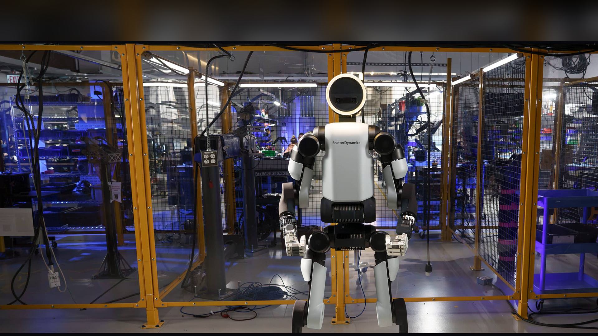 Atlas, the Boston Dynamics humanoid robot, in an industrial work cell